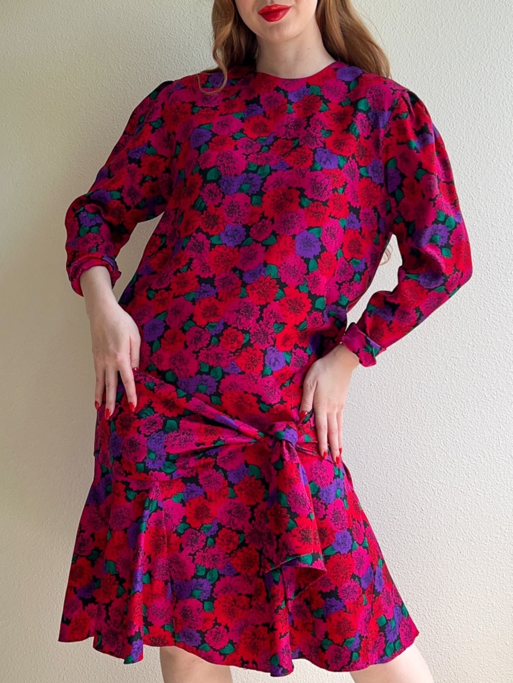 Beautiful Vintage 1980s Jewel-Toned Chrysanthemums Silk Dress (L/XL)
